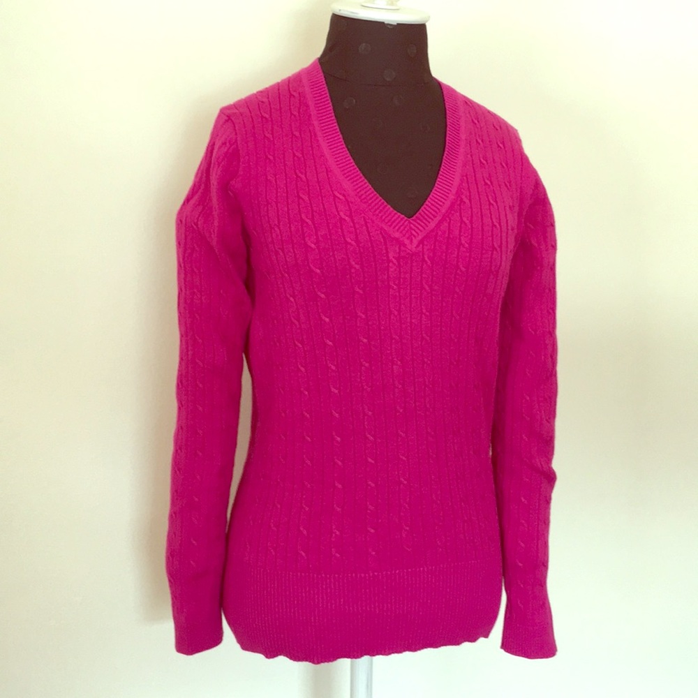 Tommy Hilfiger Fuchsia V neck cable knit sweater